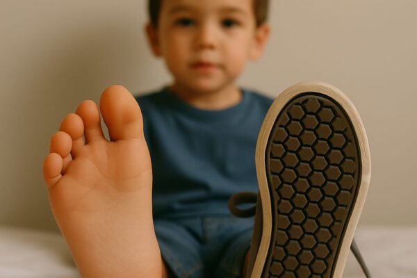 kid with one shoe on and one off