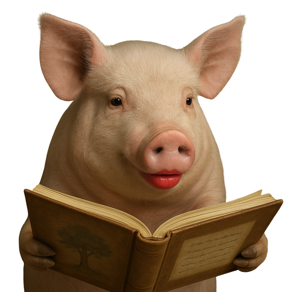 A Storytelling pig with lipstick